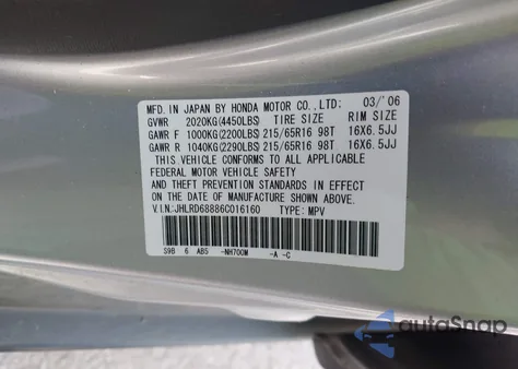 2006 Honda Cr-V Ex z USA, uszkodzony, nr VIN JHLRD68886C016160